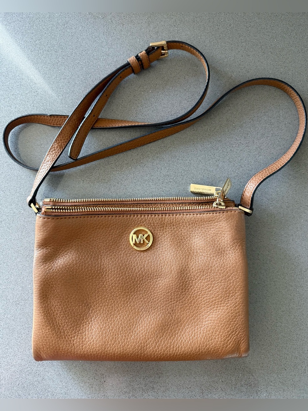 Michael Kors Brown Pebbled Leather Triple Pouch Crossbody with Gold Hardware